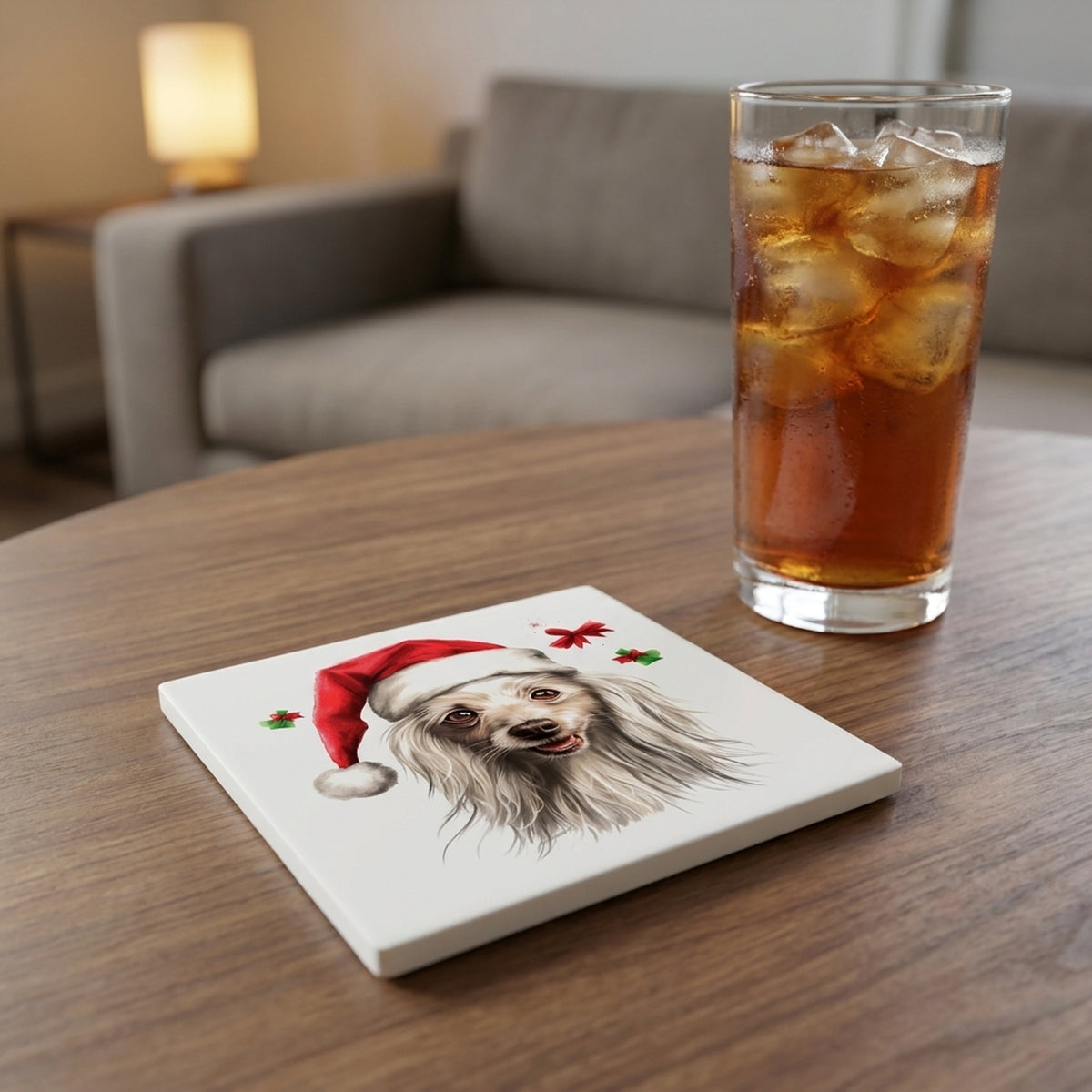 Chinese Crested ceramic coasters set of 4, lifestyle