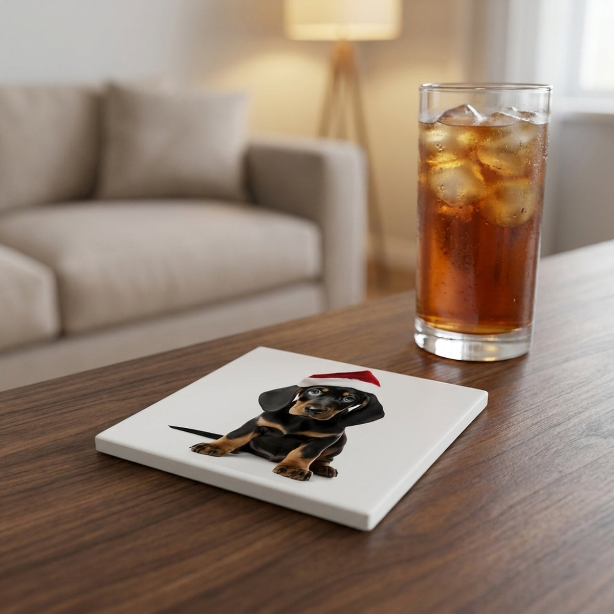 Black and Tan Coonhound Puppy ceramic coasters set of 4, lifestyle