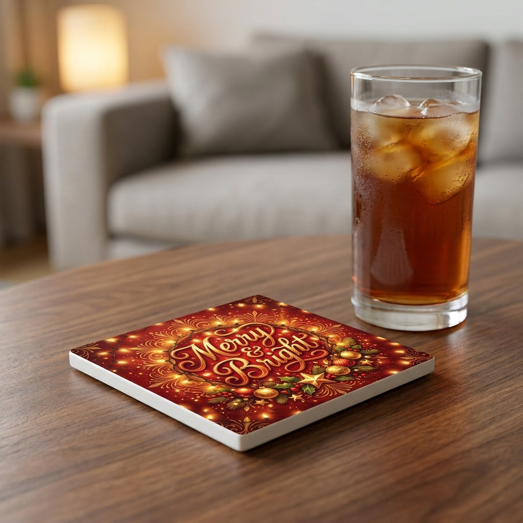 Merry & Bright ceramic coasters set of 4, lifestyle