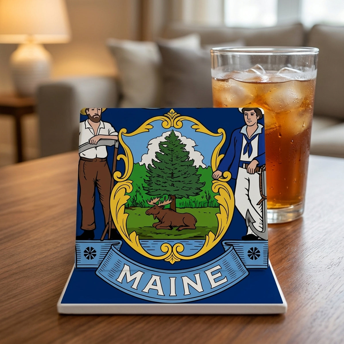 Maine State Flag ceramic coasters set of 4, lifestyle