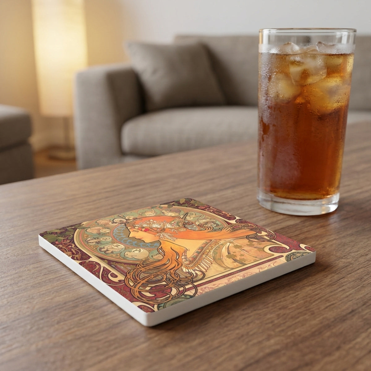 Mucha Art Nouveau ceramic coasters set of 4, lifestyle