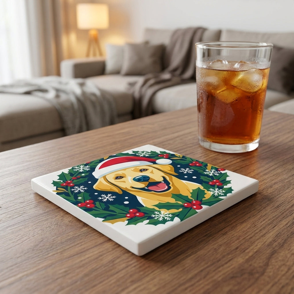 Labrador Retriever Christmas Ornament Art ceramic coasters set of 4, lifestyle