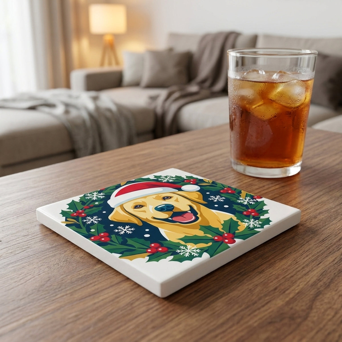 Labrador Retriever Christmas Ornament Art ceramic coasters set of 4, lifestyle