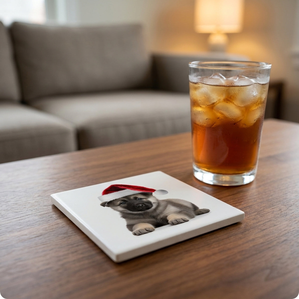 Norwegian Elkhound Puppy ceramic coasters set of 4, lifestyle