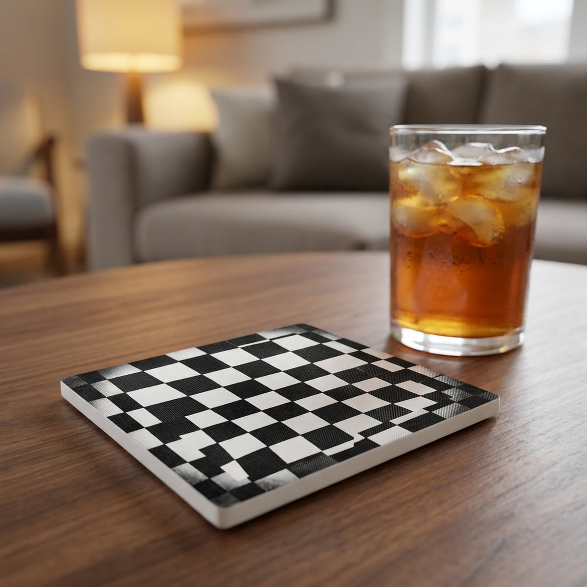 Checkerboard ceramic coasters set of 4, lifestyle