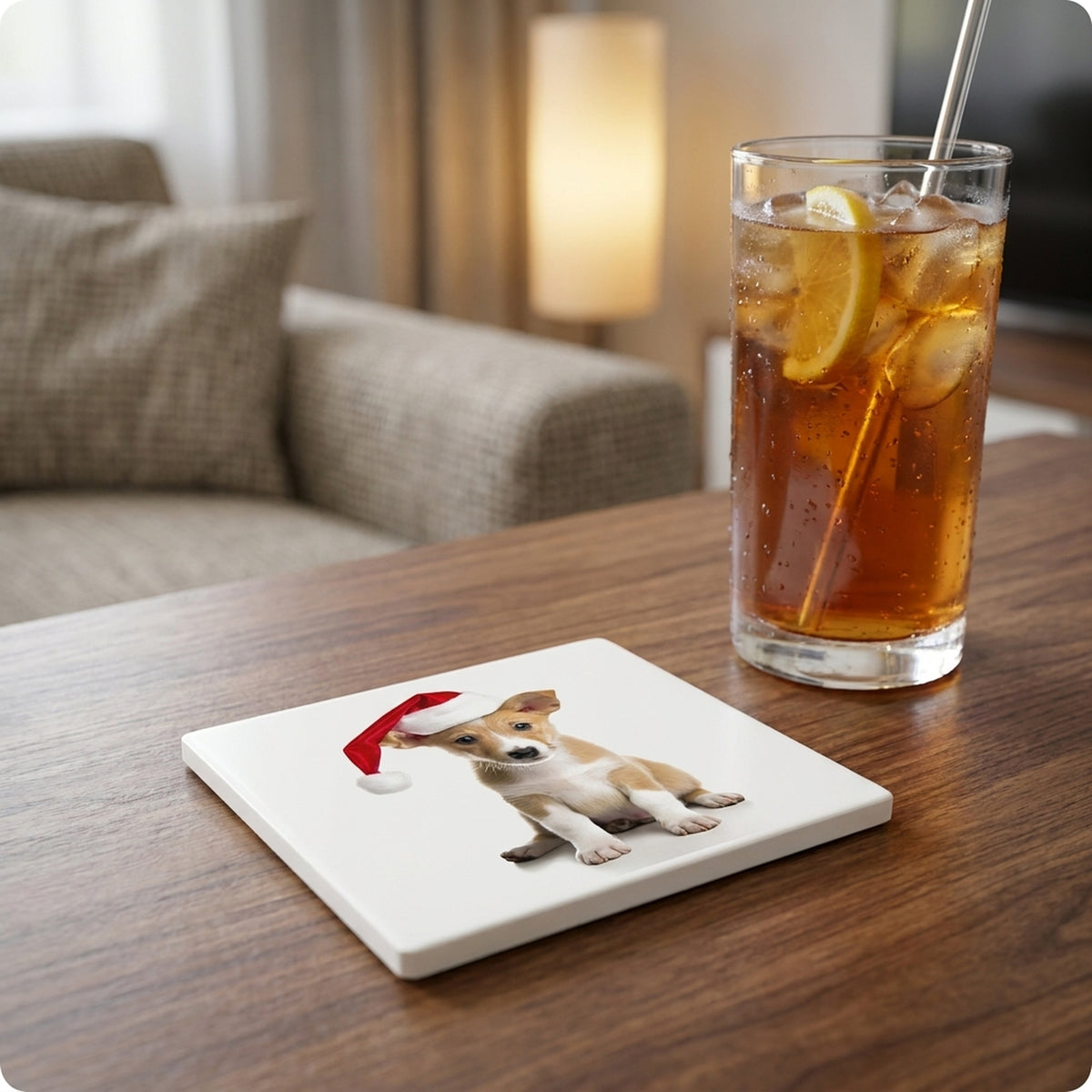 Portuguese Podengo Pequeno Puppy ceramic coasters set of 4, lifestyle