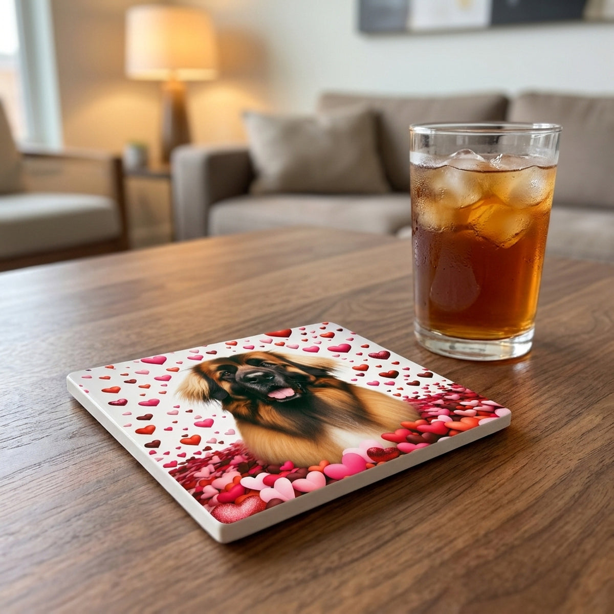 Leonberger ceramic coasters set of 4, lifestyle