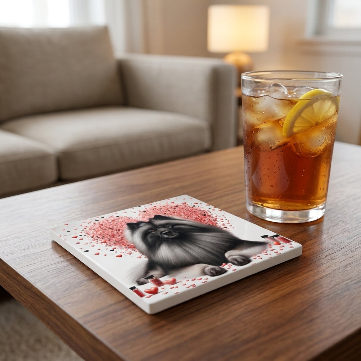Keeshond ceramic coasters set of 4, lifestyle