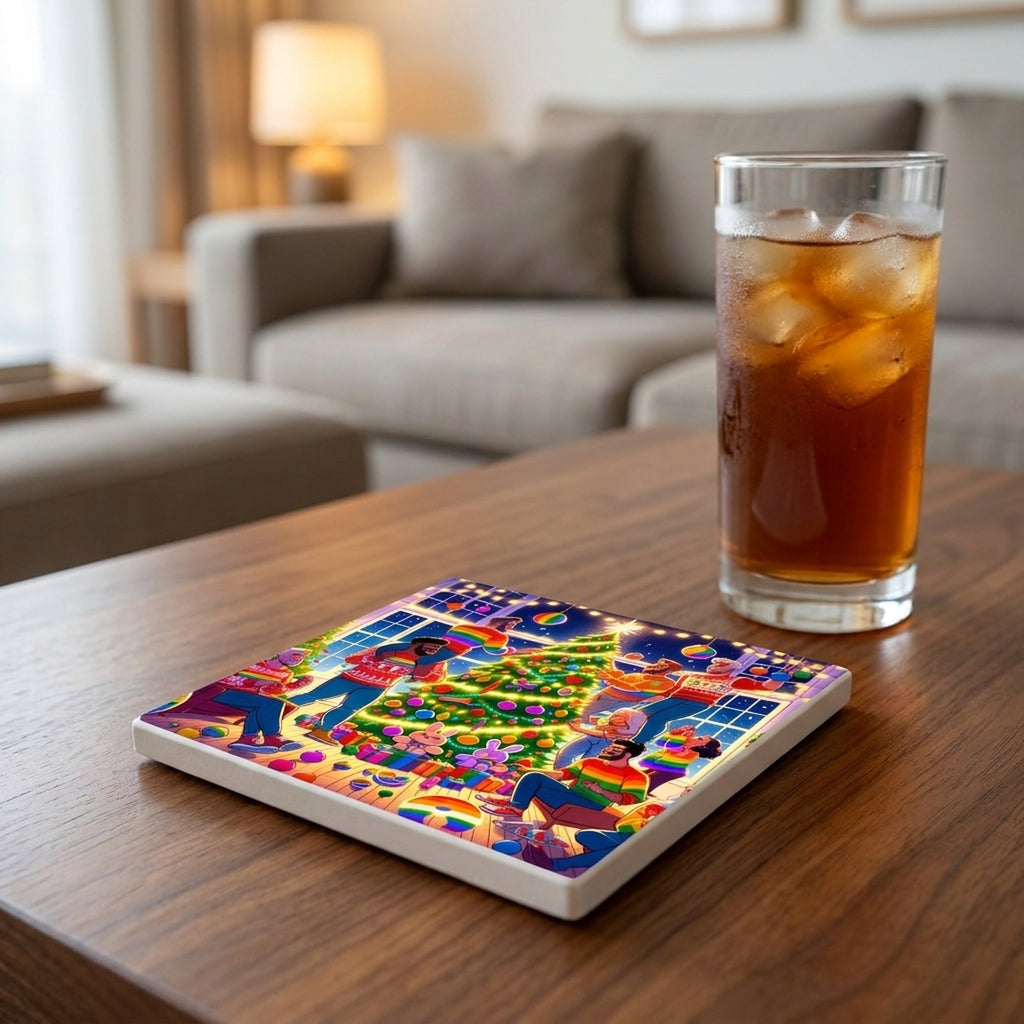 Rainbow Christmas Celebration ceramic coasters set of 4, lifestyle