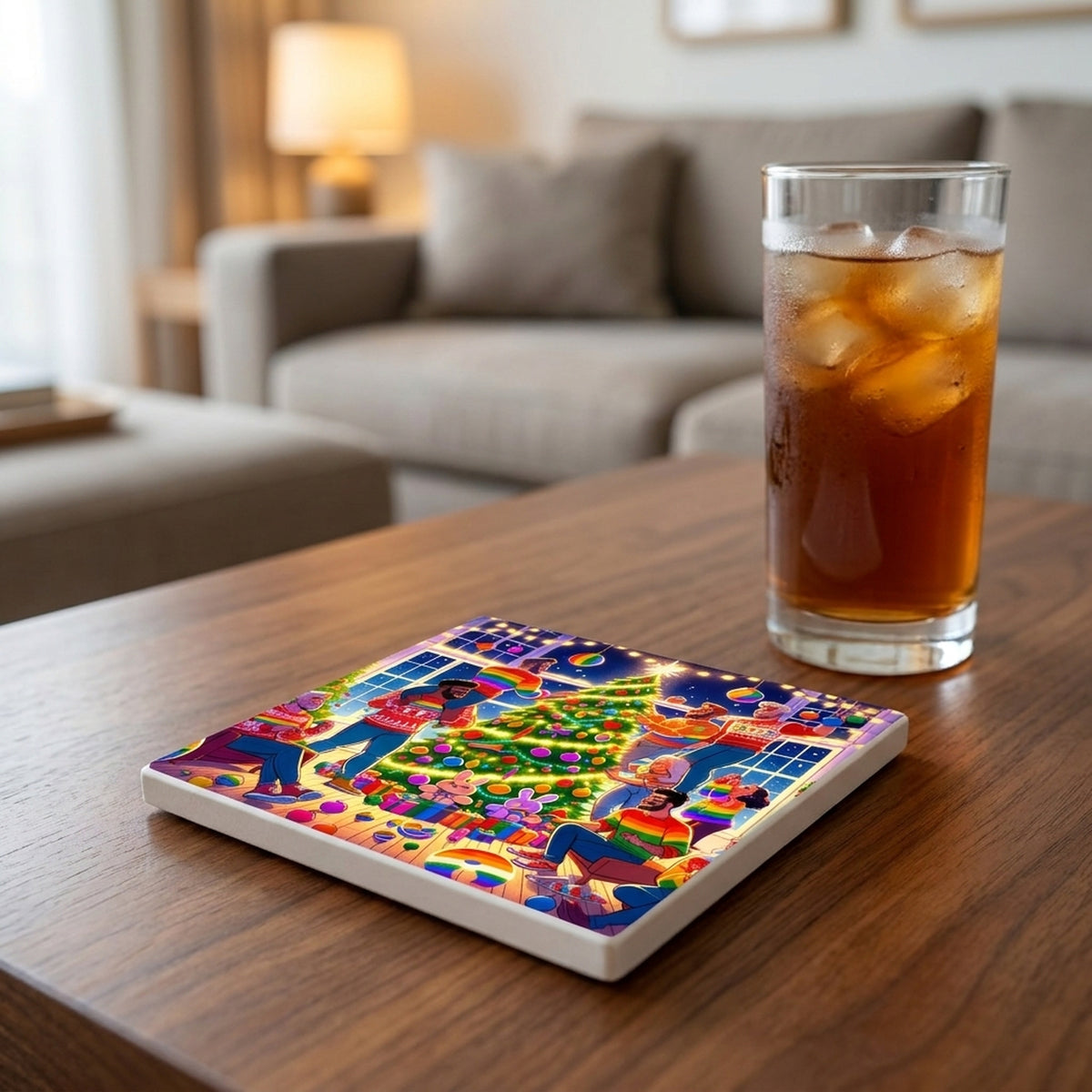 Rainbow Christmas Celebration ceramic coasters set of 4, lifestyle