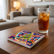 Rainbow Christmas Celebration ceramic coasters set of 4, lifestyle