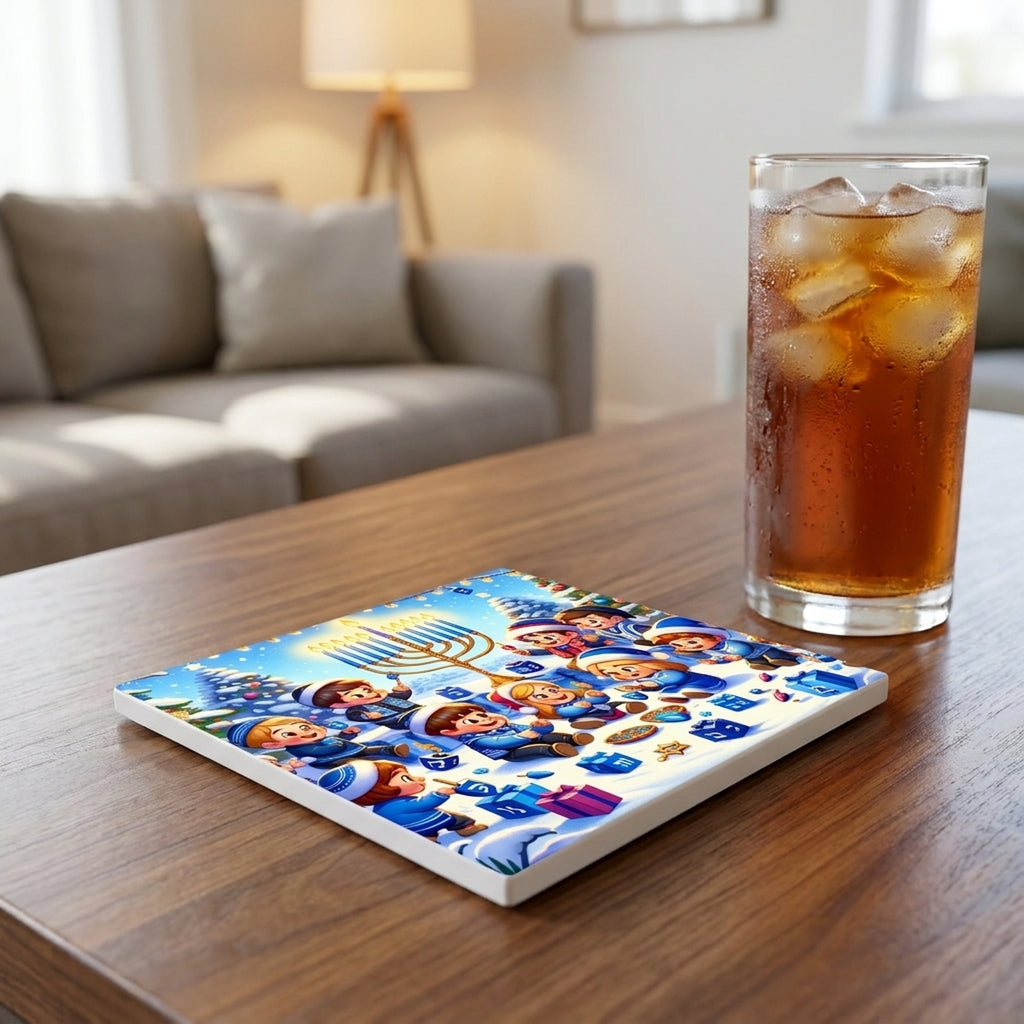 Golden Menorah Celebration ceramic coasters set of 4, lifestyle