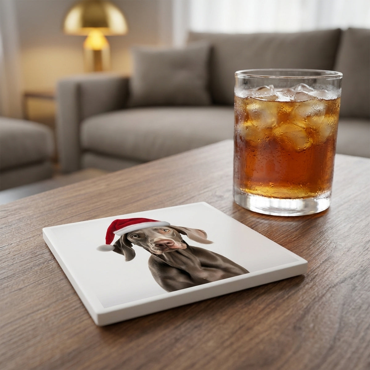Weimaraner ceramic coasters set of 4, lifestyle