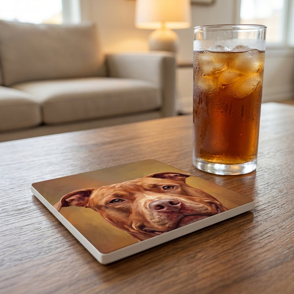 Pit Bull Portrait ceramic coasters set of 4, lifestyle