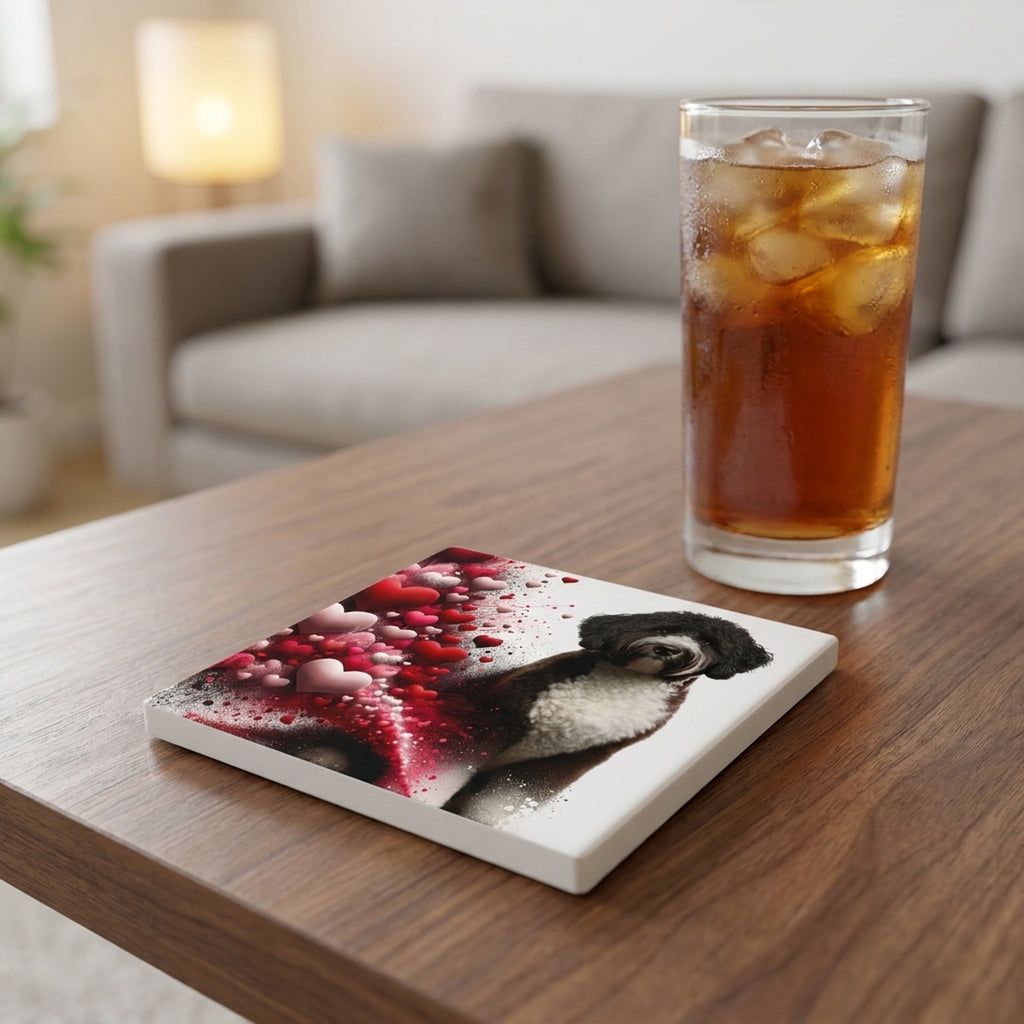Portuguese Water Dog ceramic coasters set of 4, lifestyle