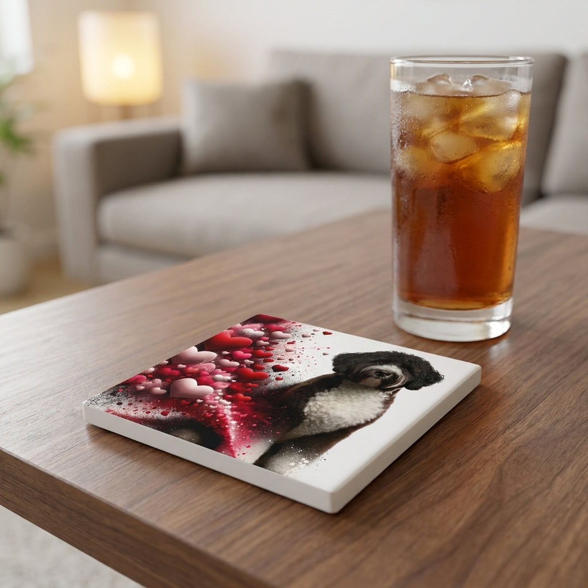 Portuguese Water Dog ceramic coasters set of 4, lifestyle