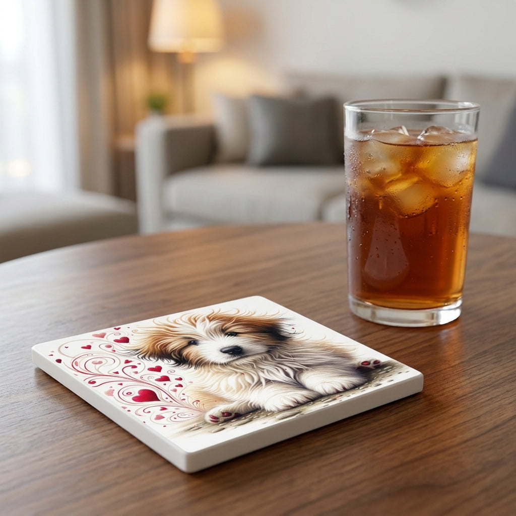 Bearded Collie ceramic coasters set of 4, lifestyle