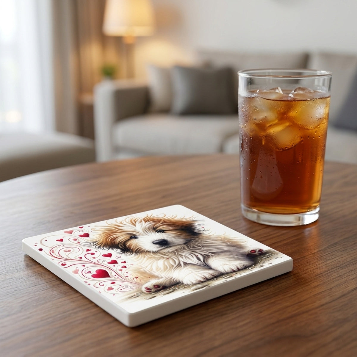 Bearded Collie ceramic coasters set of 4, lifestyle