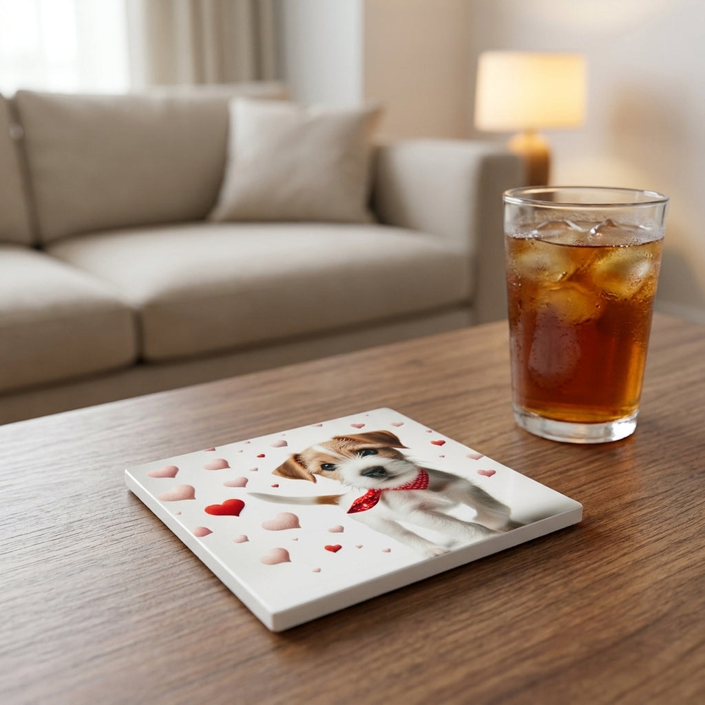 Jack Russell Terrier ceramic coasters set of 4, lifestyle