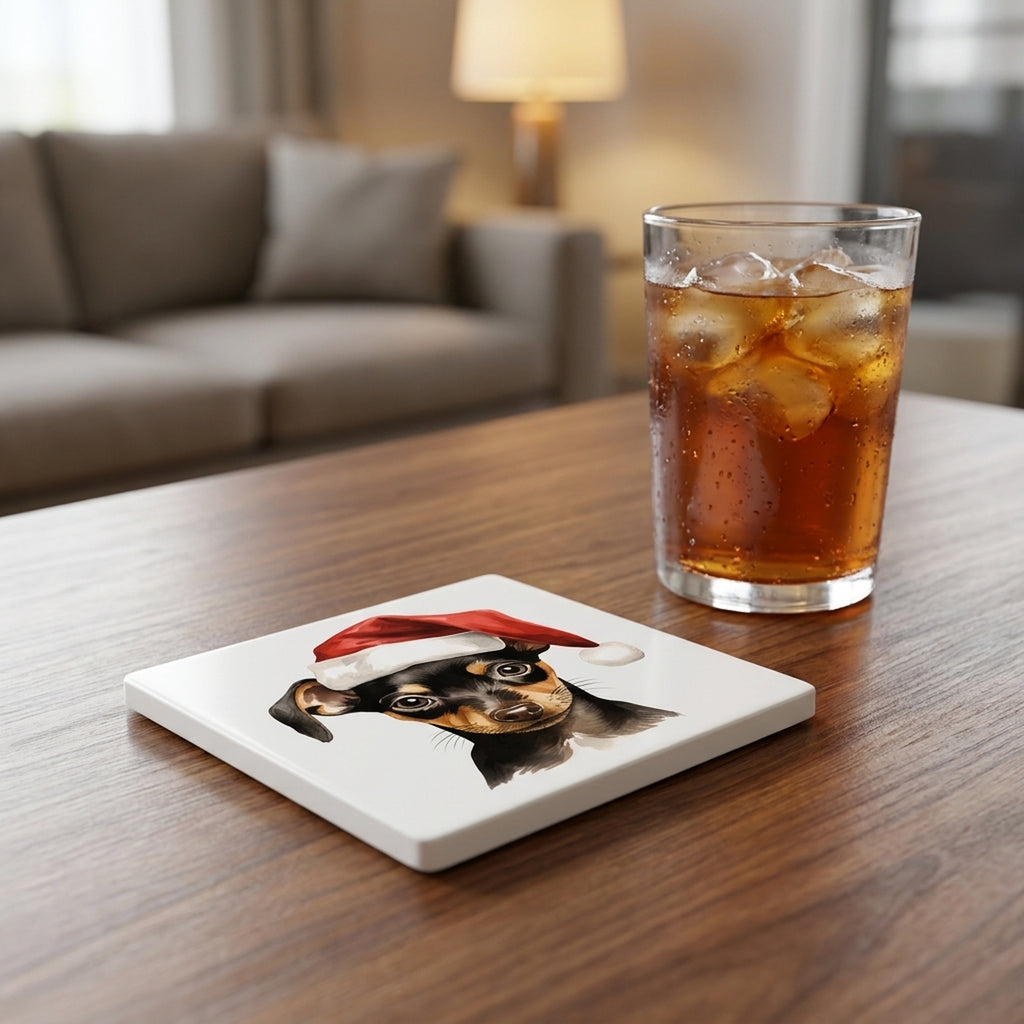 Miniature Pinscher Puppy Drawing ceramic coasters set of 4, lifestyle