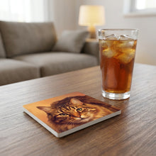 Tabby Cat Portrait ceramic coasters set of 4, lifestyle