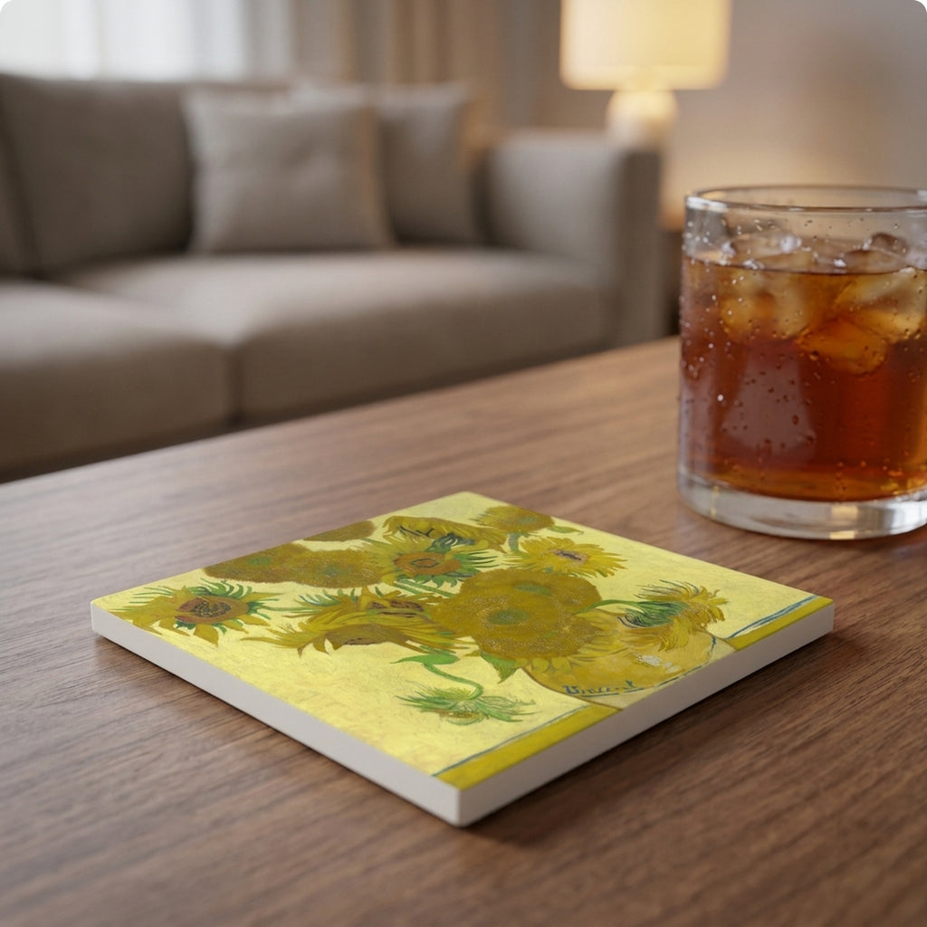 Van Gogh Sunflowers ceramic coasters set of 4, lifestyle