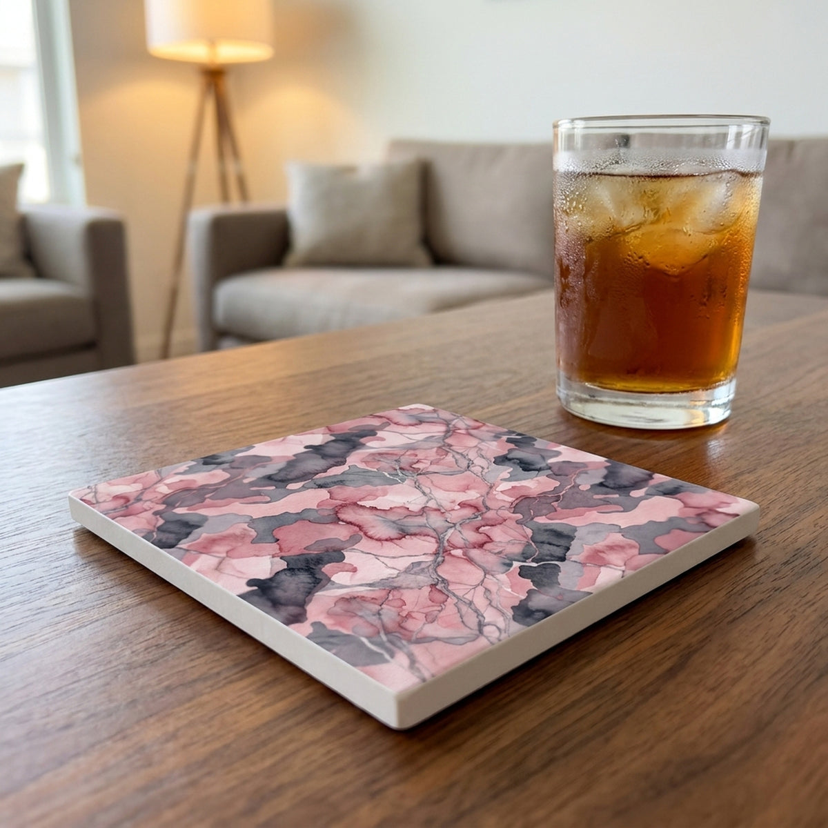 Pink Camo ceramic coasters set of 4, lifestyle