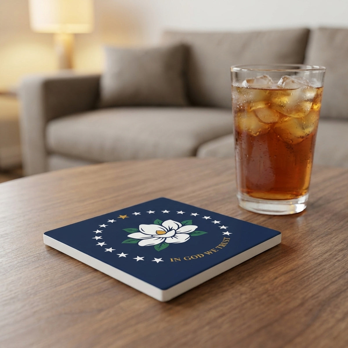 Mississippi State Flag ceramic coasters set of 4, lifestyle