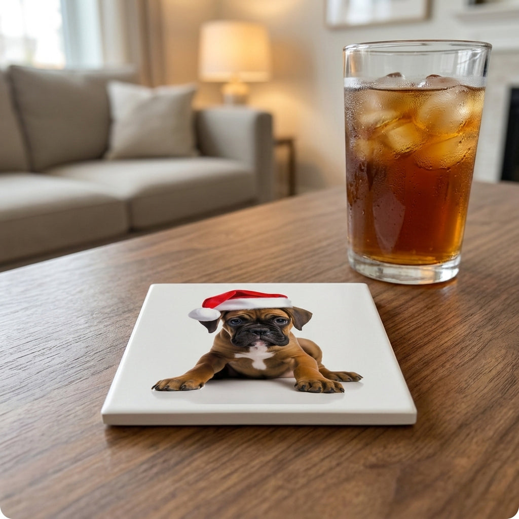 Boxer Puppy ceramic coasters set of 4, lifestyle