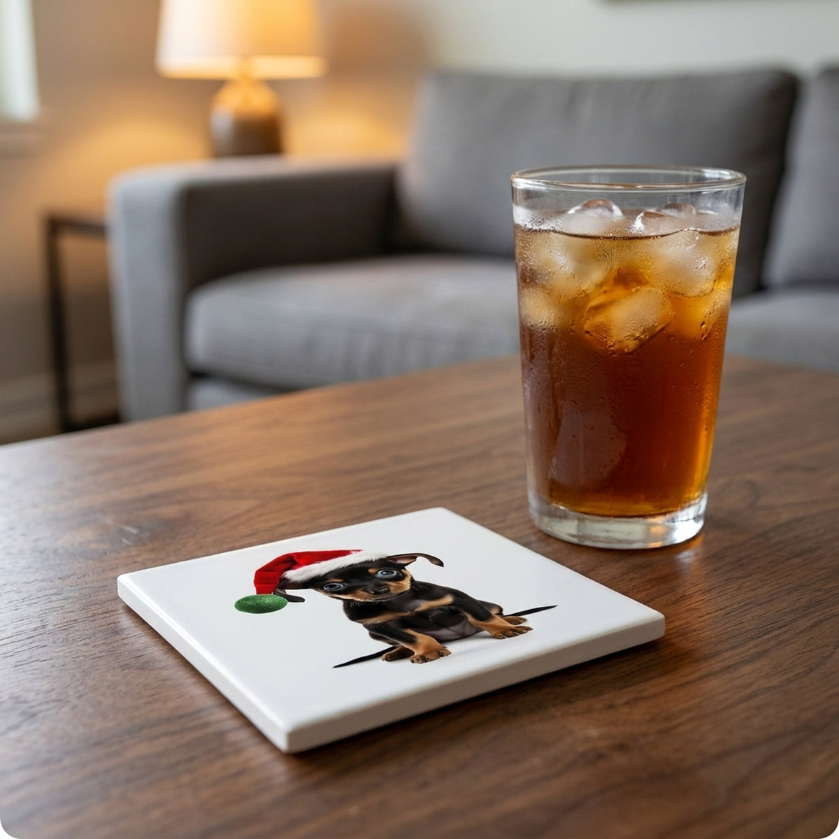 Miniature Pinscher Puppy ceramic coasters set of 4, lifestyle