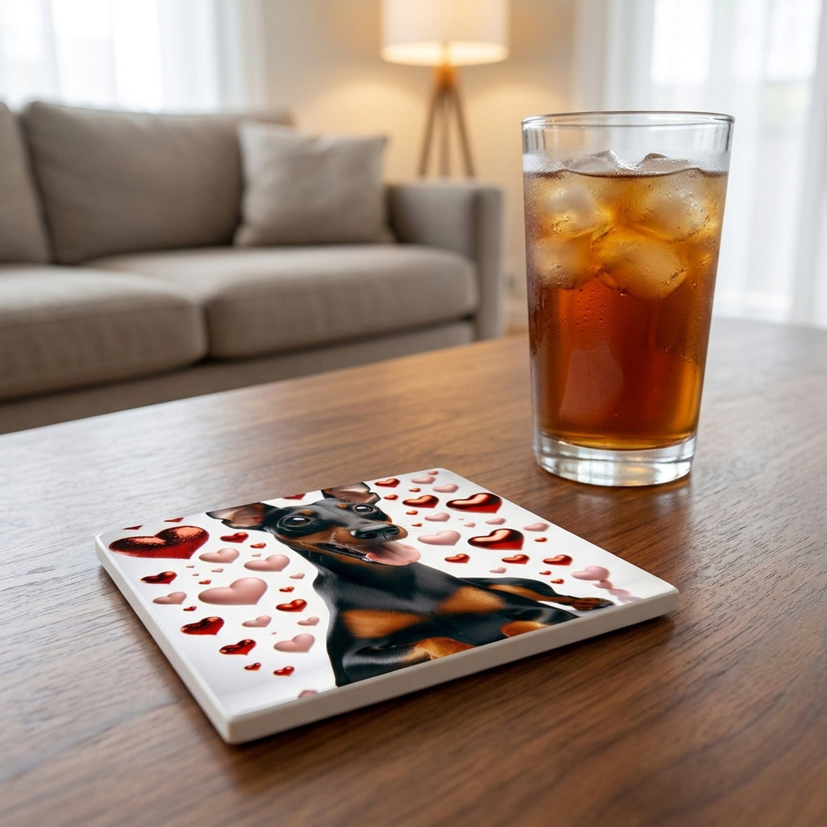 Miniature Pinscher ceramic coasters set of 4, lifestyle