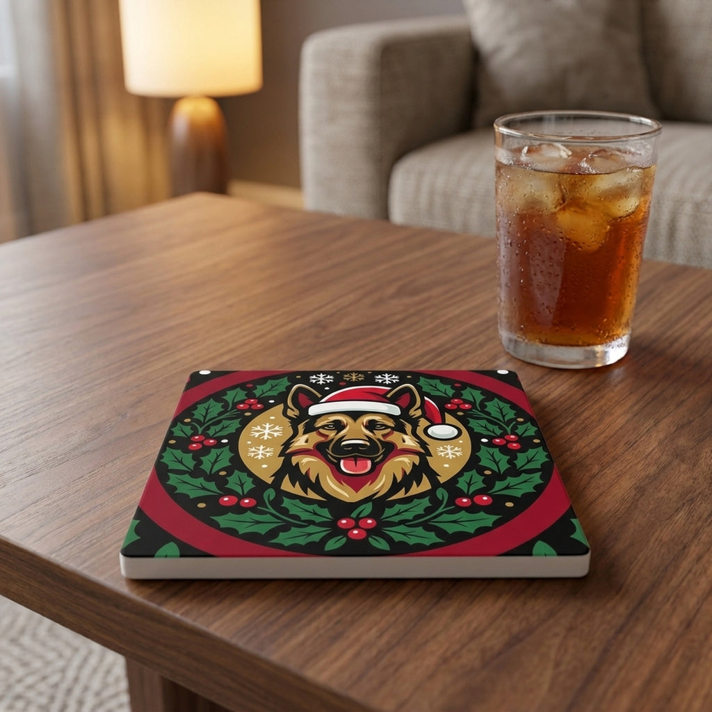 German Shepherd Christmas Ornament Art ceramic coasters set of 4, lifestyle
