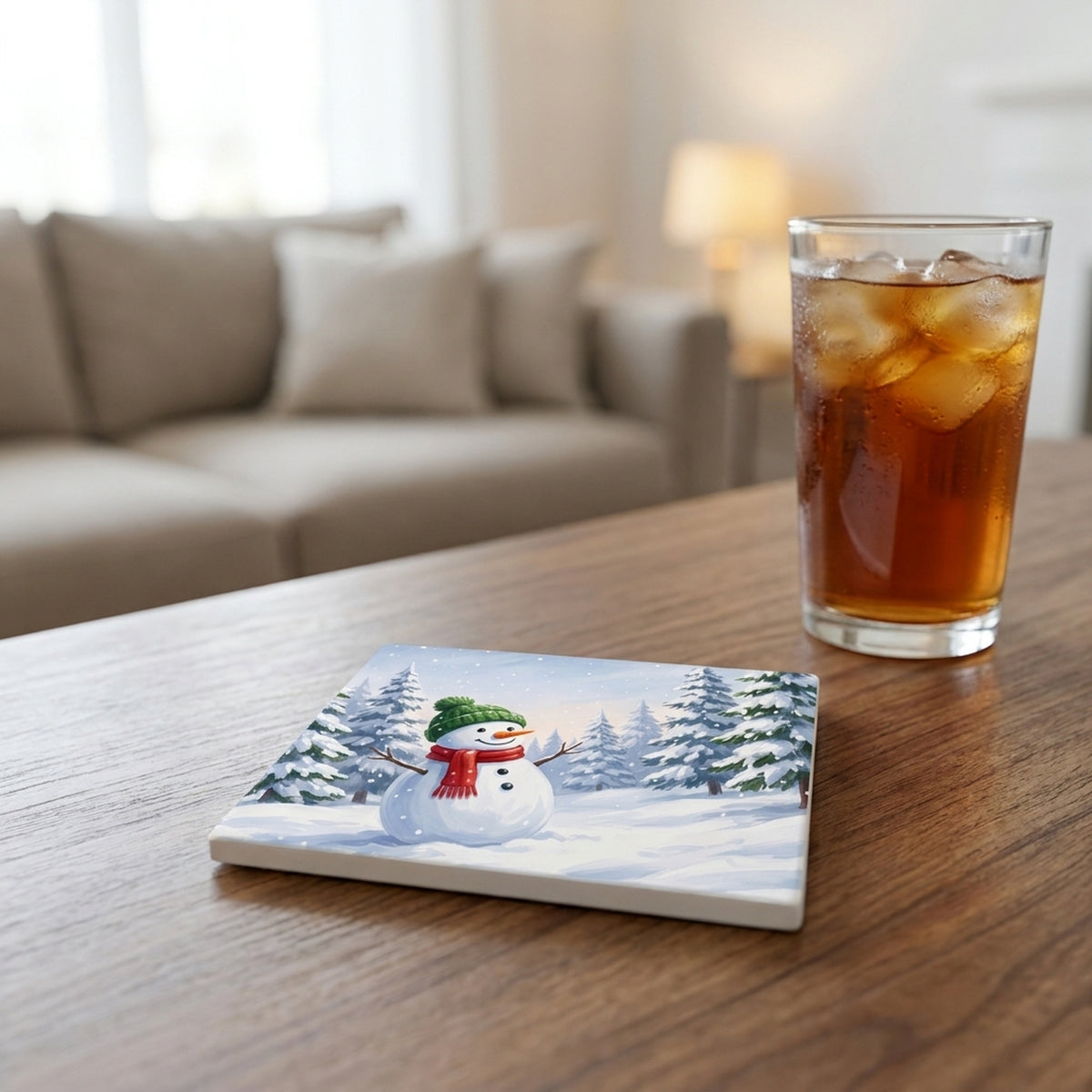 Snowman Winter ceramic coasters set of 4, lifestyle