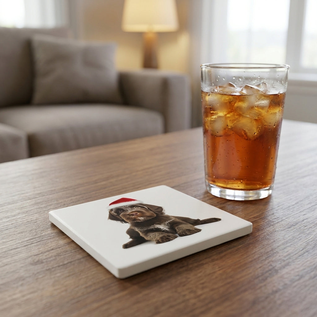 Wirehaired Pointing Griffon Puppy ceramic coasters set of 4, lifestyle