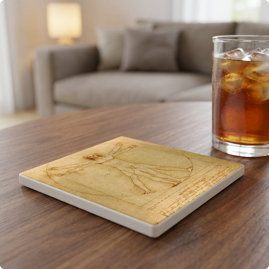 Vitruvian Man ceramic coasters set of 4, lifestyle