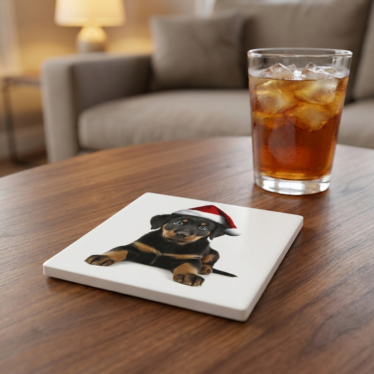 Beauceron Puppy ceramic coasters set of 4, lifestyle