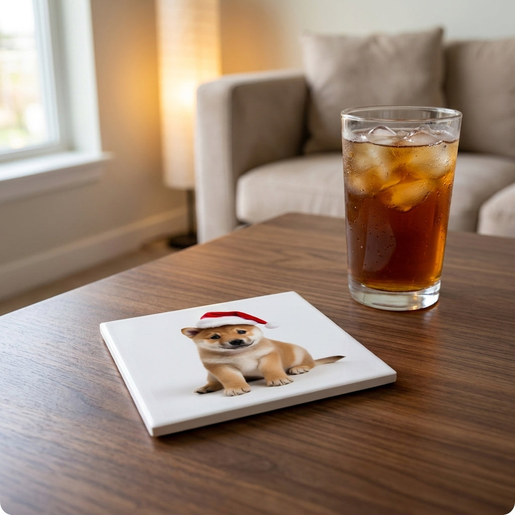 Shiba Inu Puppy ceramic coasters set of 4, lifestyle