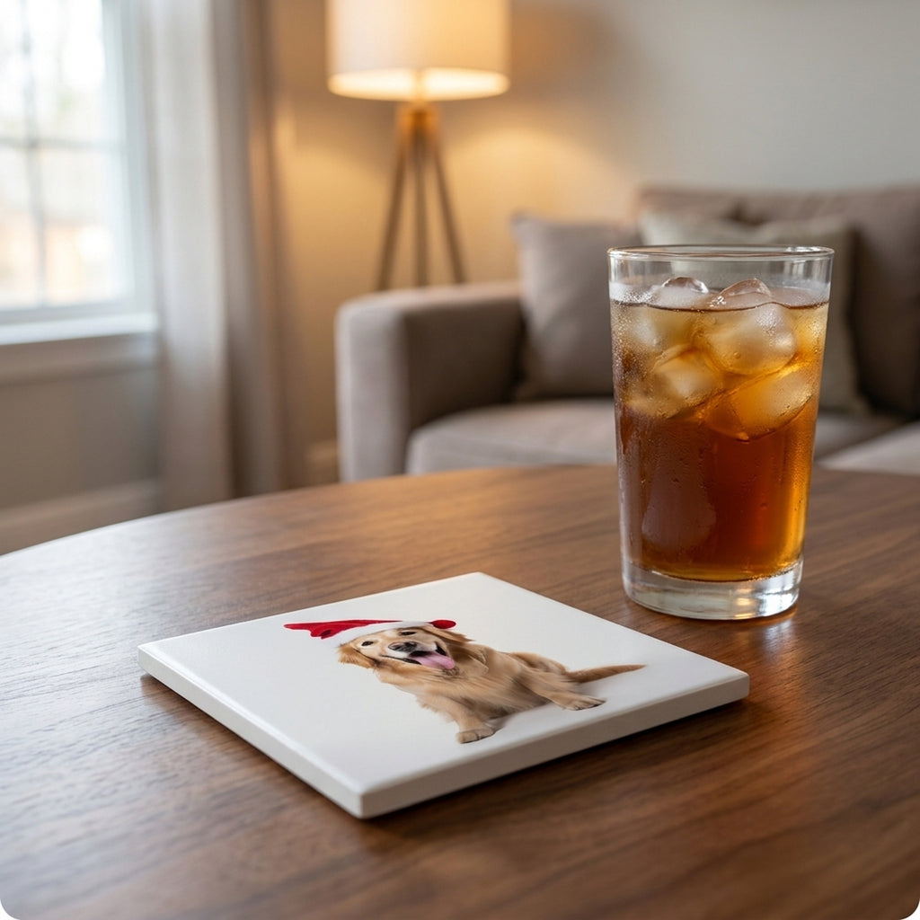Golden Retriever ceramic coasters set of 4, lifestyle