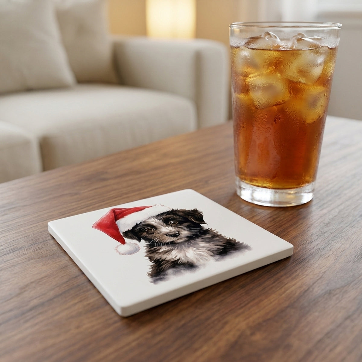 Mudi Puppy Drawing ceramic coasters set of 4, lifestyle