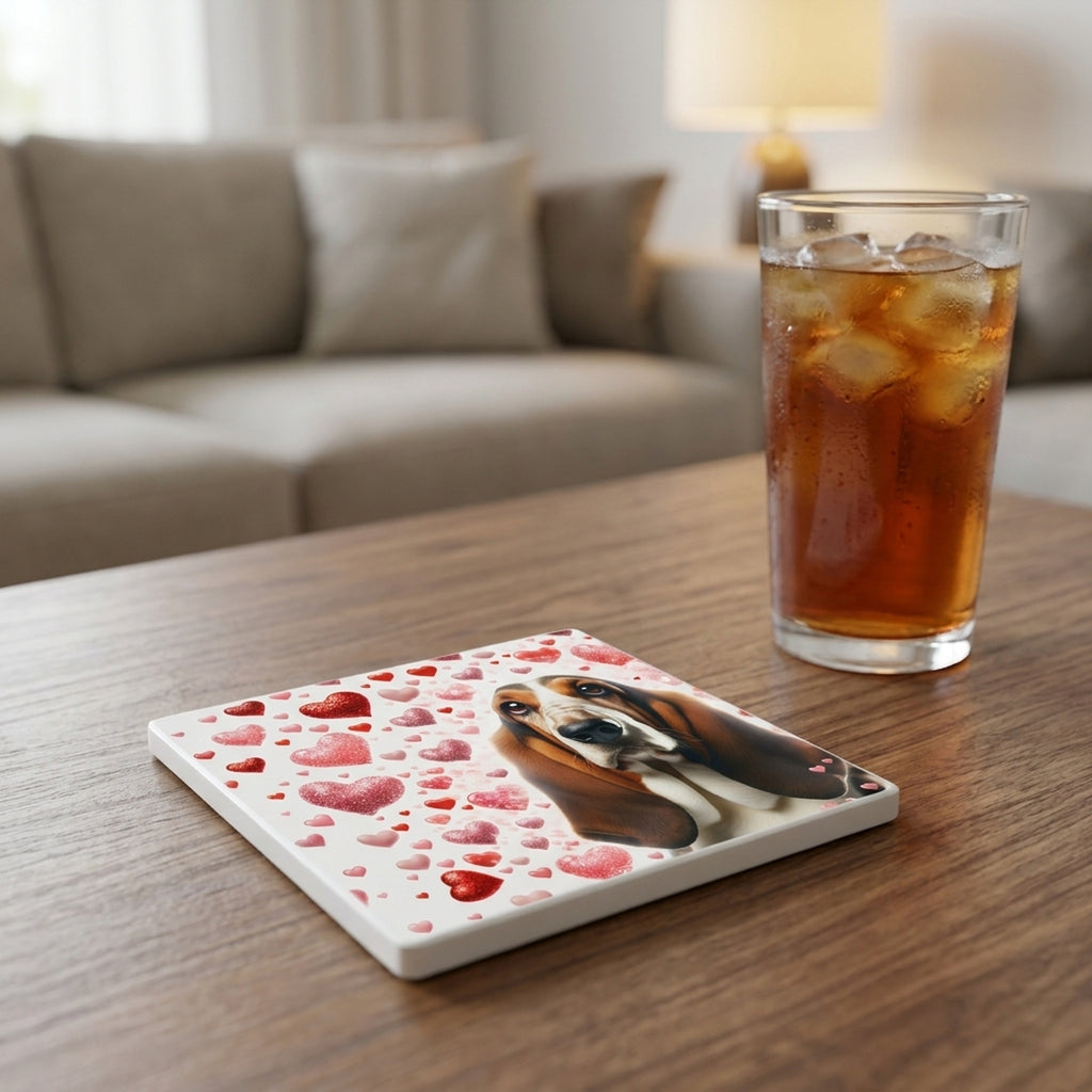 Basset Hound ceramic coasters set of 4, lifestyle