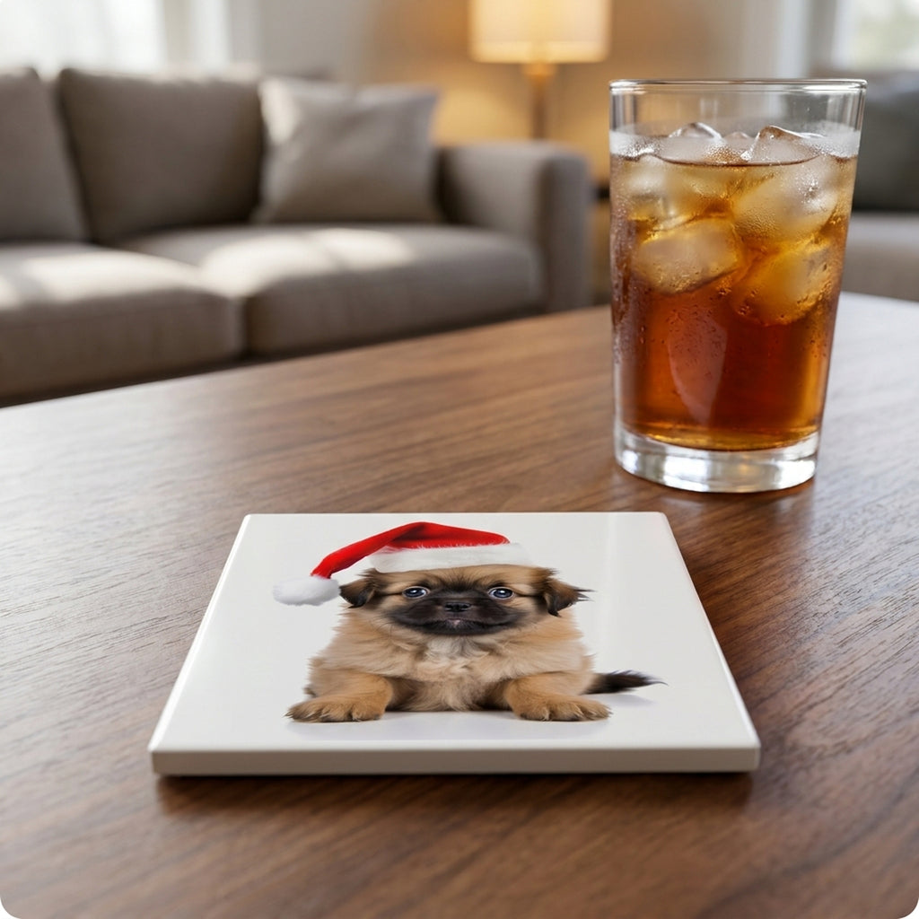 Tibetan Spaniel Puppy ceramic coasters set of 4, lifestyle