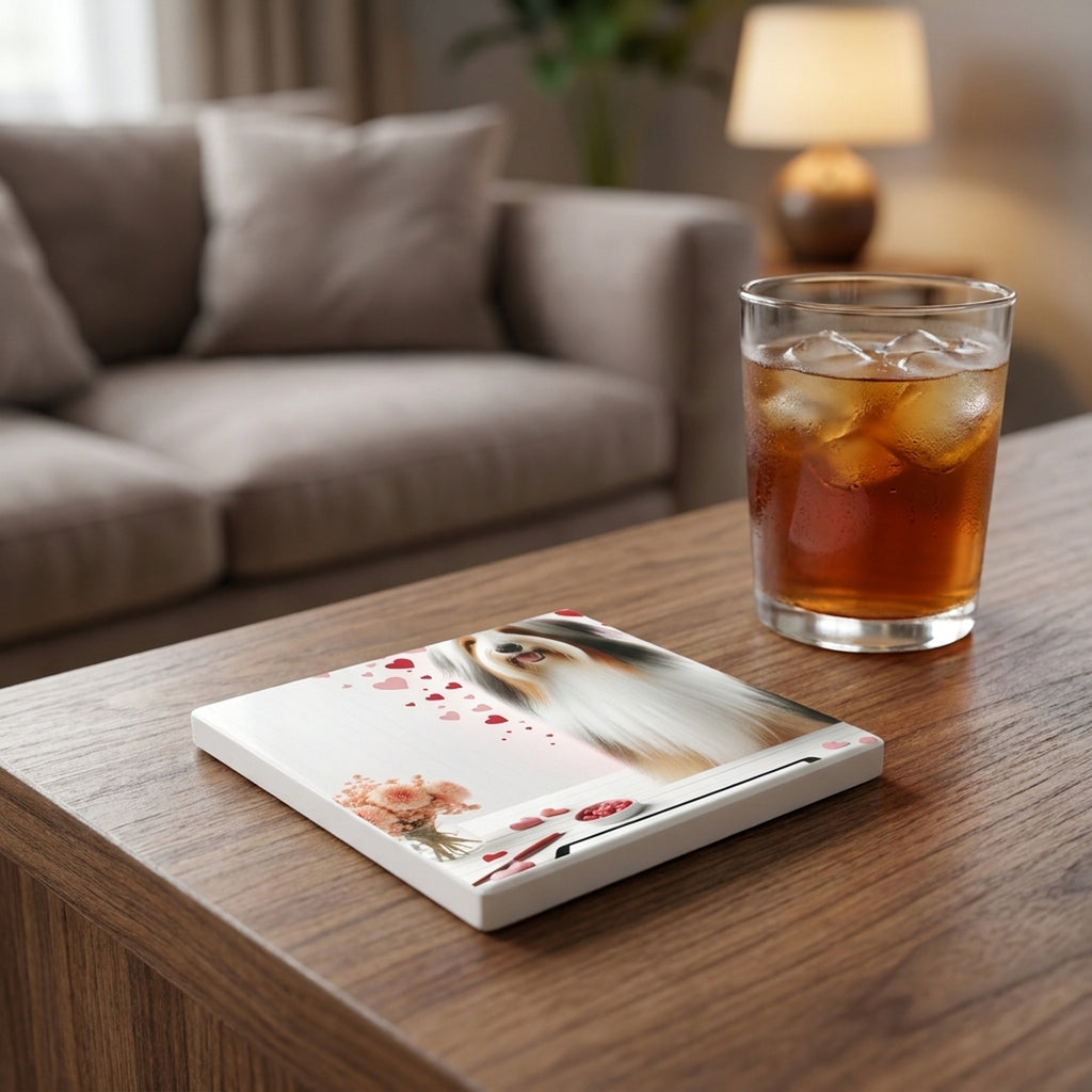 Bearded Collie ceramic coasters set of 4, lifestyle