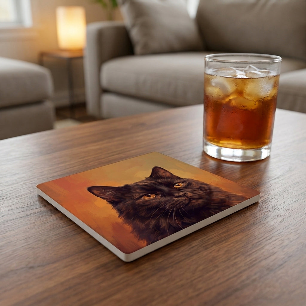 Black Cat Portrait ceramic coasters set of 4, lifestyle