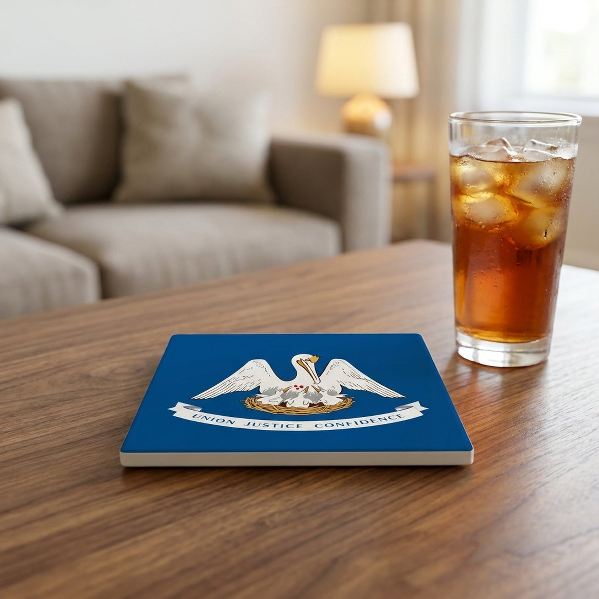 Louisiana State Flag ceramic coasters set of 4, lifestyle