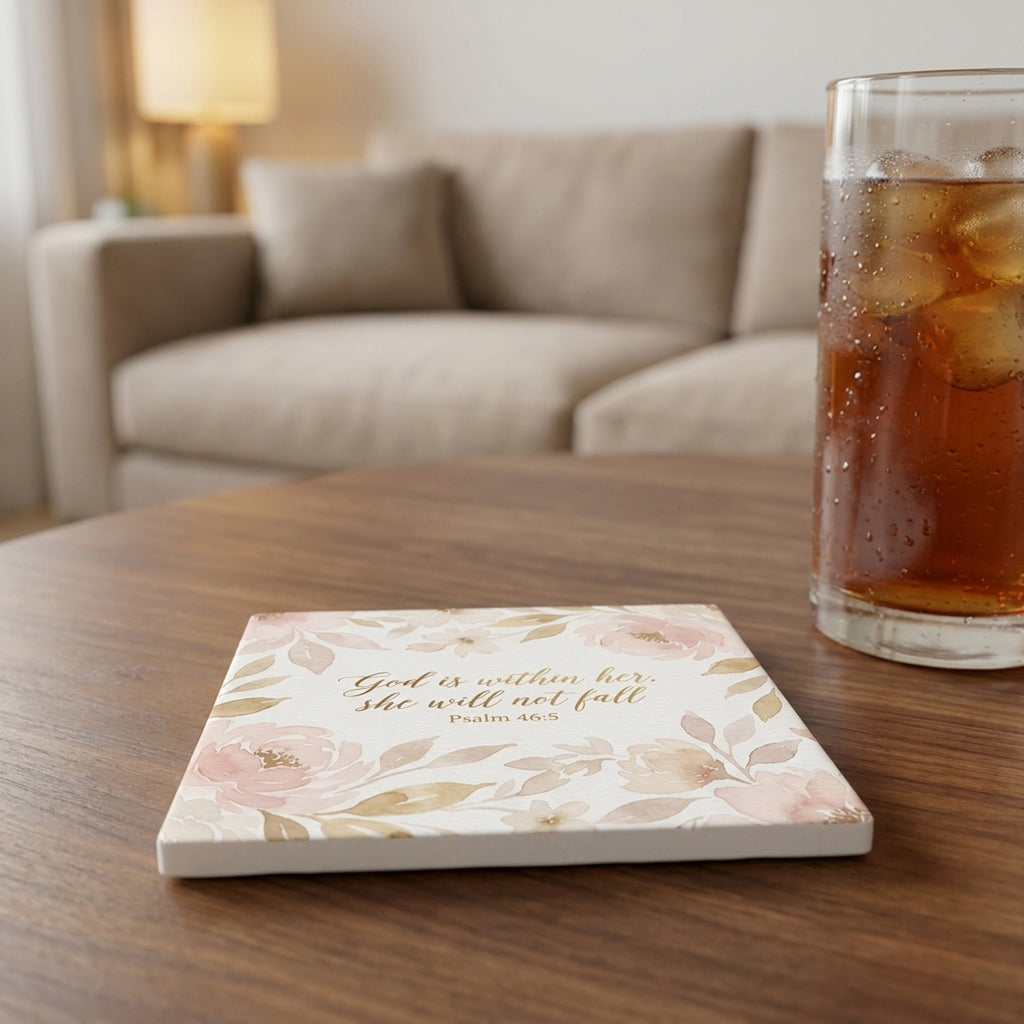 God Is Within Her ceramic coasters set of 4, lifestyle