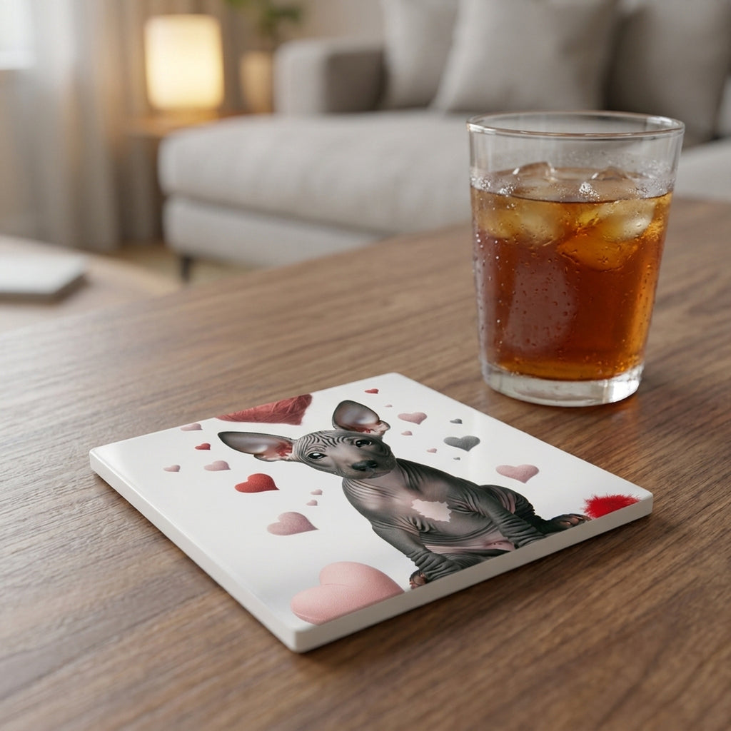 Xoloitzcuintli ceramic coasters set of 4, lifestyle