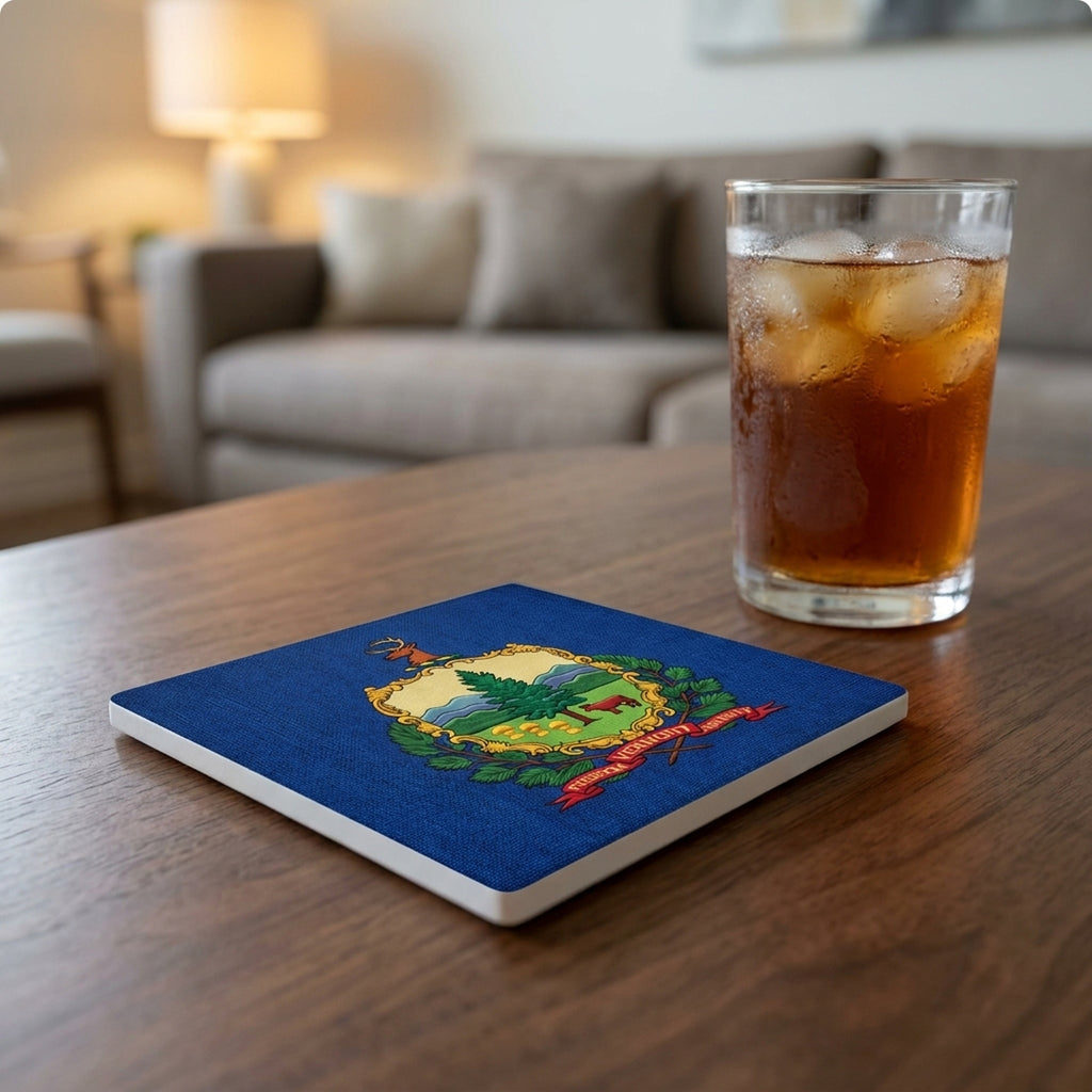 Vermont State Flag ceramic coasters set of 4, lifestyle
