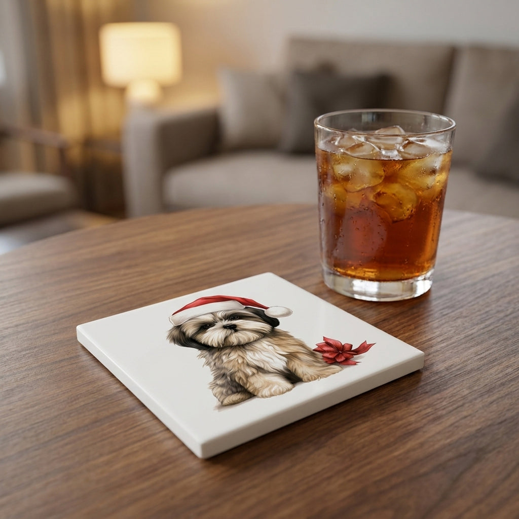Lhasa Apso Puppy Drawing ceramic coasters set of 4, lifestyle