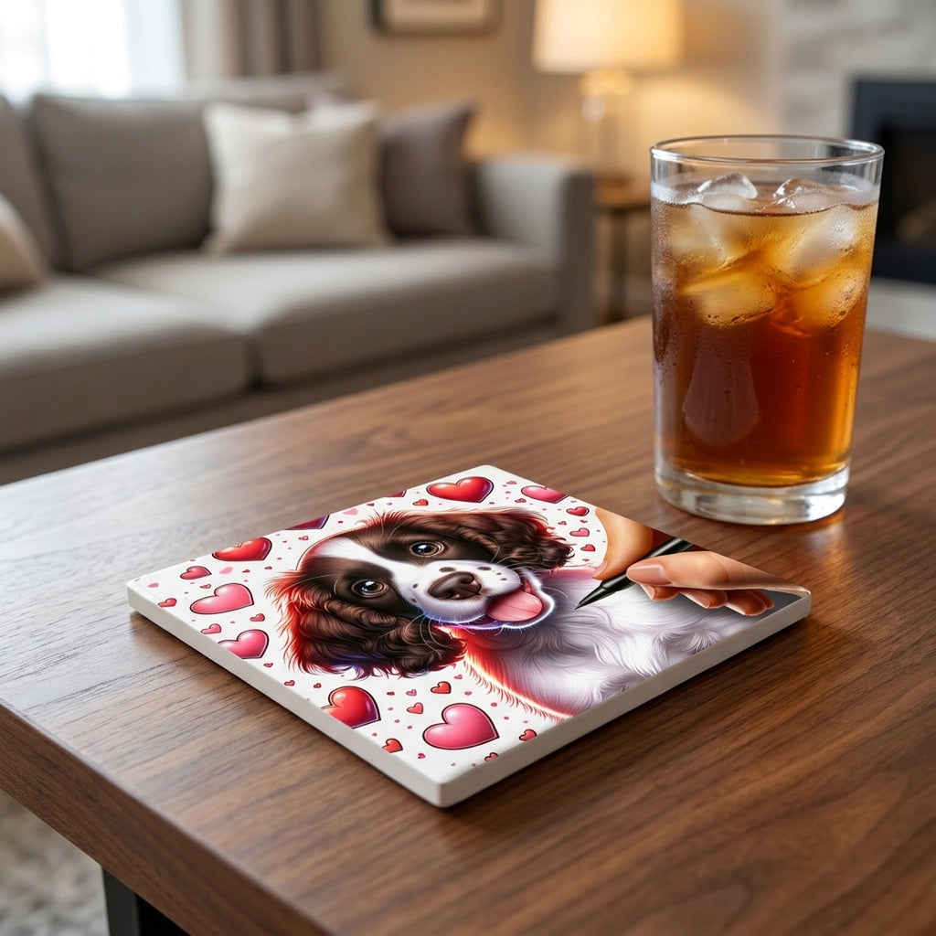 English Springer Spaniel ceramic coasters set of 4, lifestyle