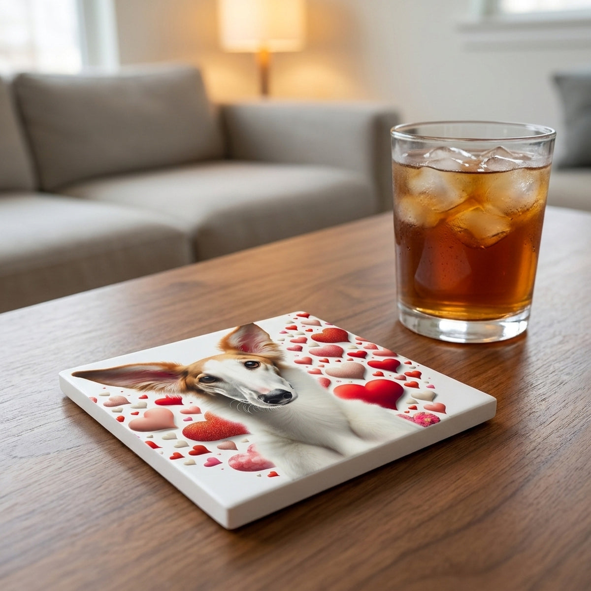 Borzoi ceramic coasters set of 4, lifestyle